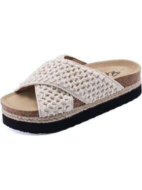 Women's Beige Soft Cork Foot bed and Strap Ladies Fashion Platform Slide